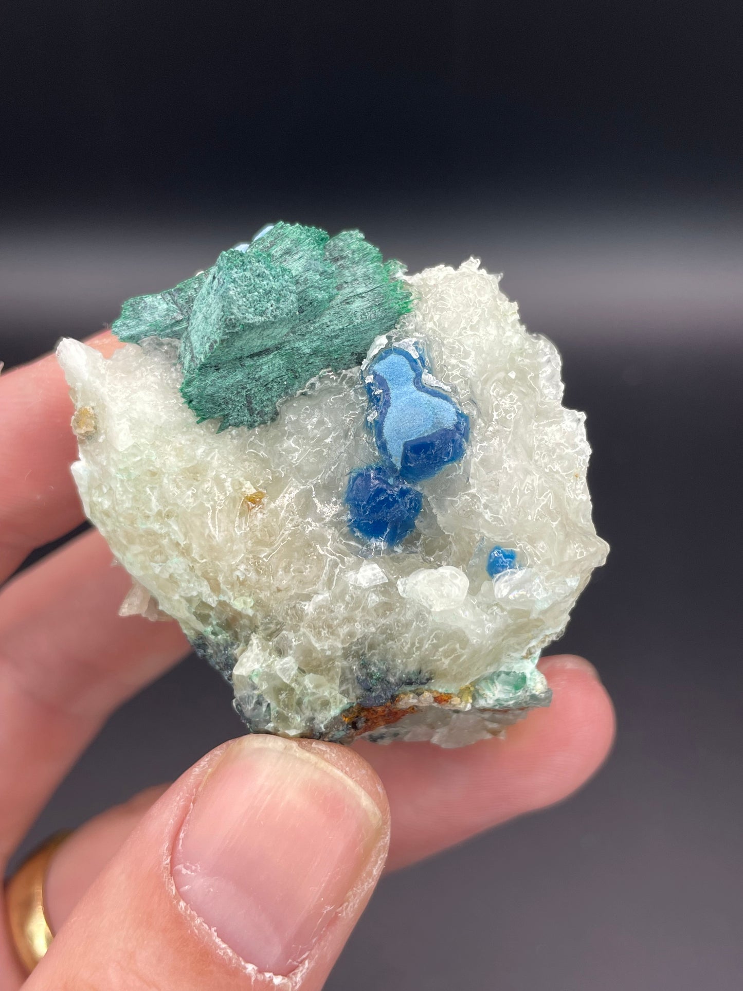Shattuckite and Malachite on calcite, Kunene Region, Namibia