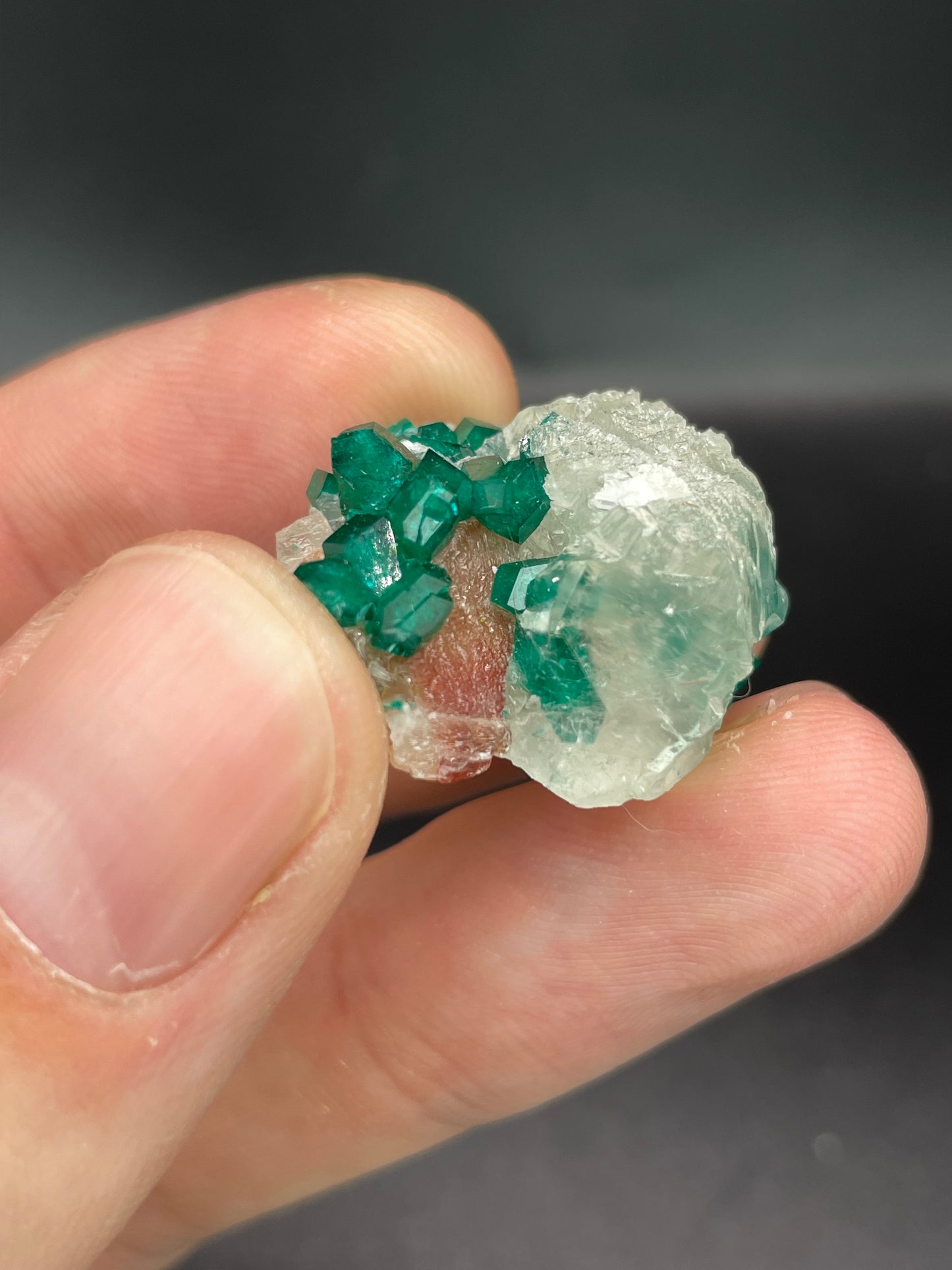 Dioptase in and on Calcite from Kaokoveld Plateau, Kunene, Namibia
