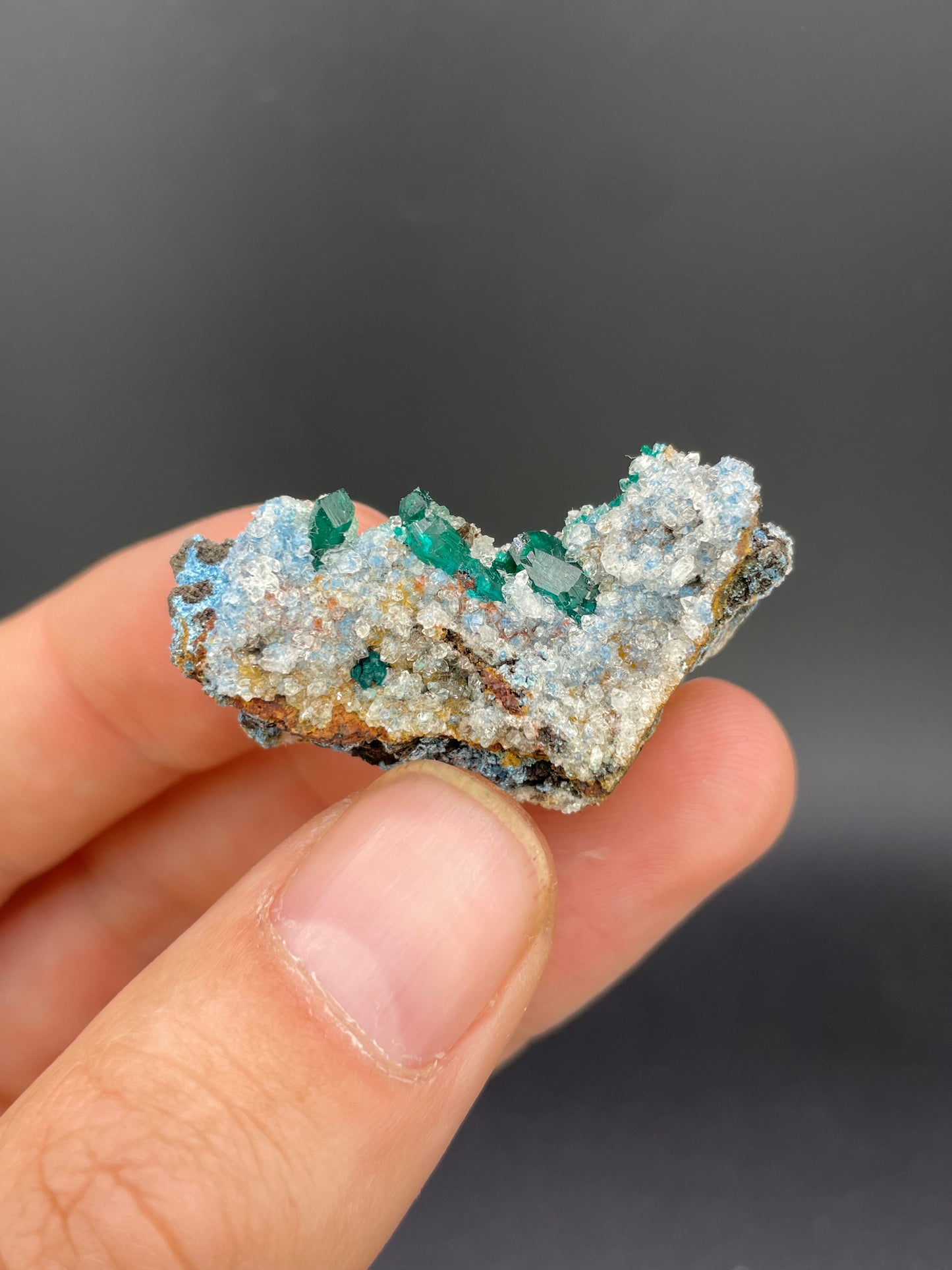 Dioptase on Plancheite in Quartz, Sanda Hills, Republic of Congo