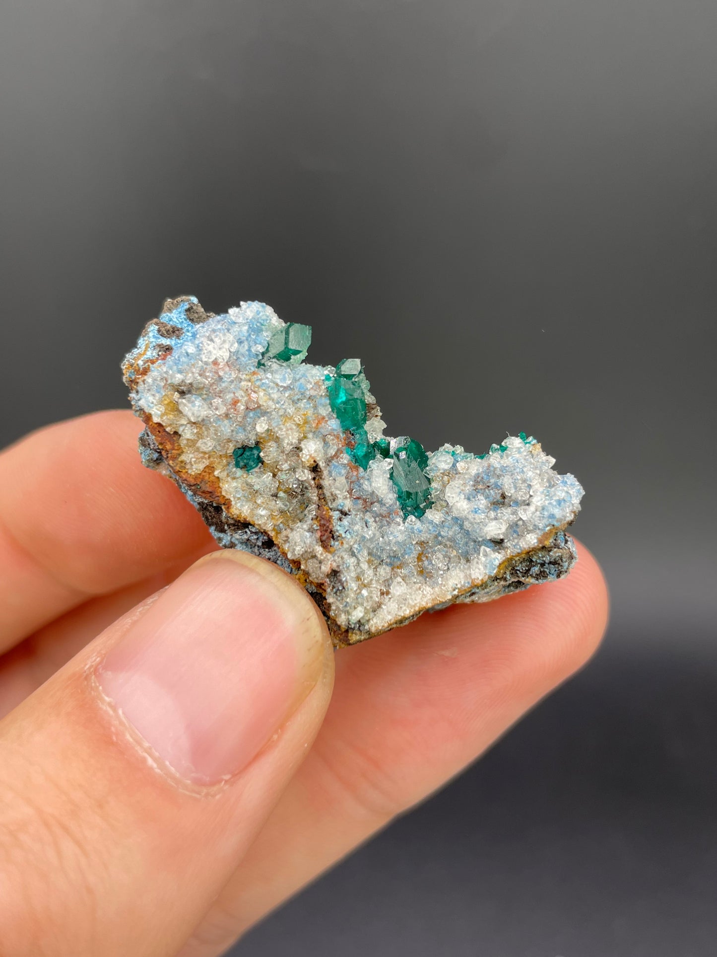 Dioptase on Plancheite in Quartz, Sanda Hills, Republic of Congo