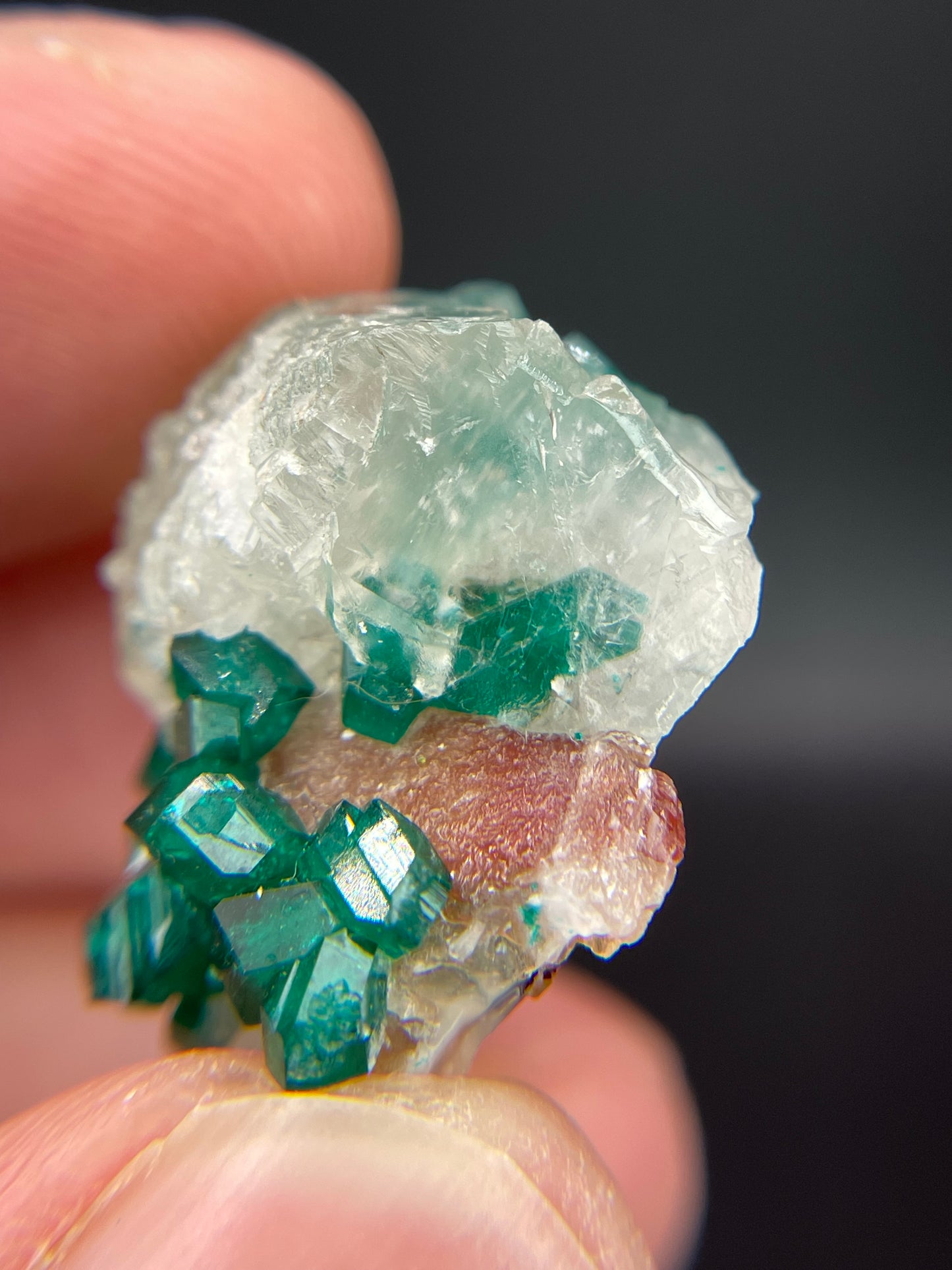Dioptase in and on Calcite from Kaokoveld Plateau, Kunene, Namibia
