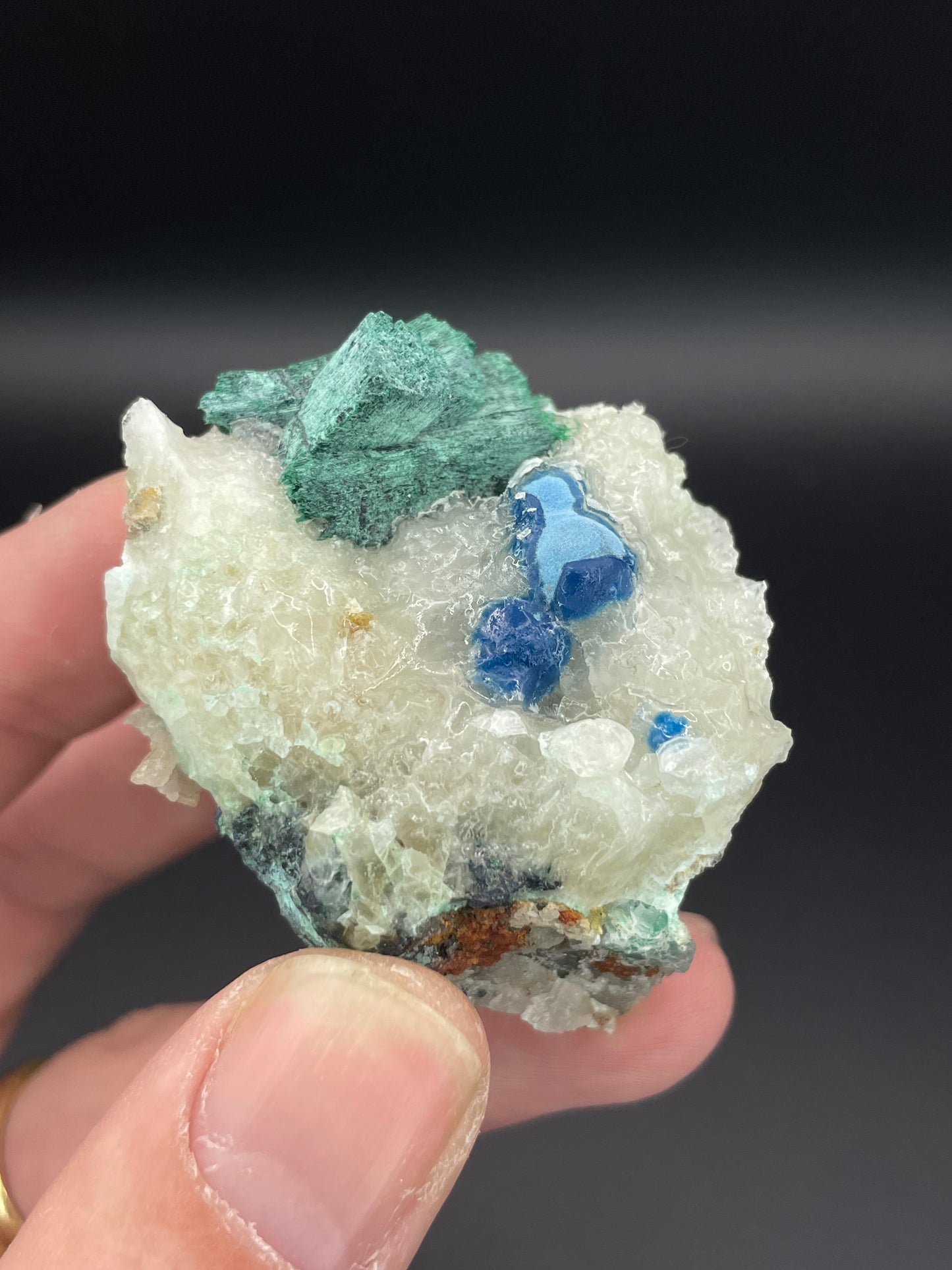 Shattuckite and Malachite on calcite, Kunene Region, Namibia