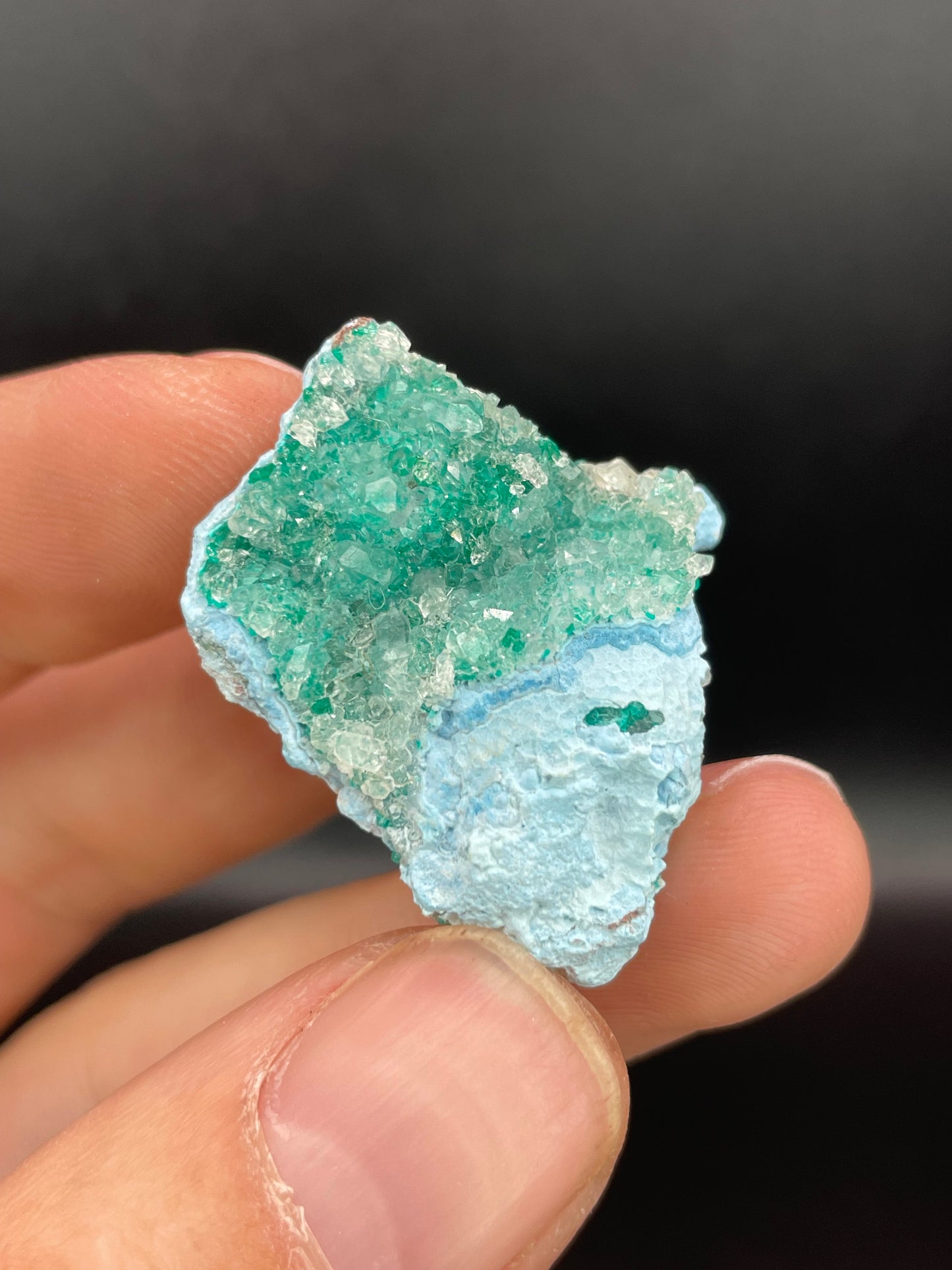 Dioptase in Quartz on Plancheite, Sanda Hills, Mindouli, Republic of Congo