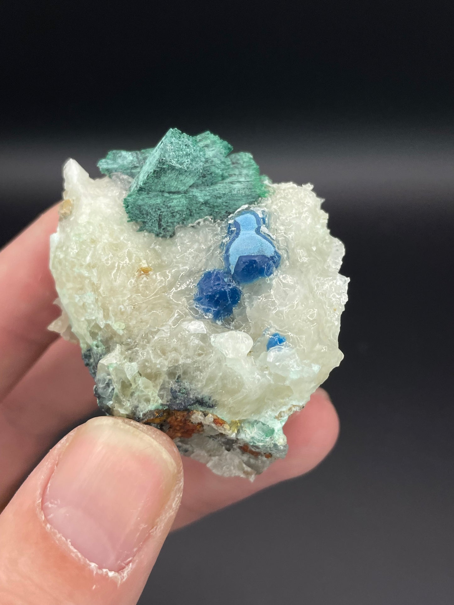 Shattuckite and Malachite on calcite, Kunene Region, Namibia