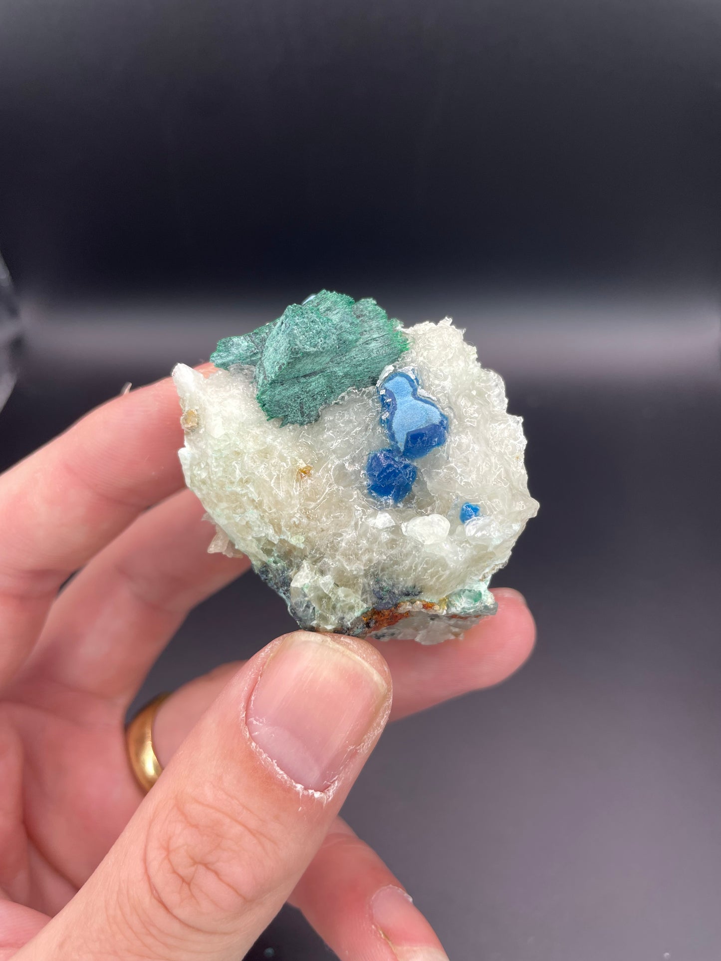 Shattuckite and Malachite on calcite, Kunene Region, Namibia