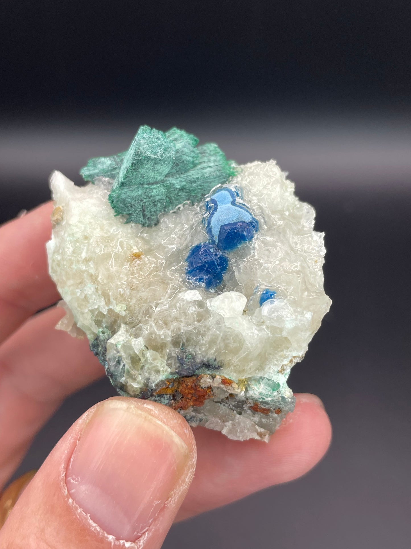 Shattuckite and Malachite on calcite, Kunene Region, Namibia