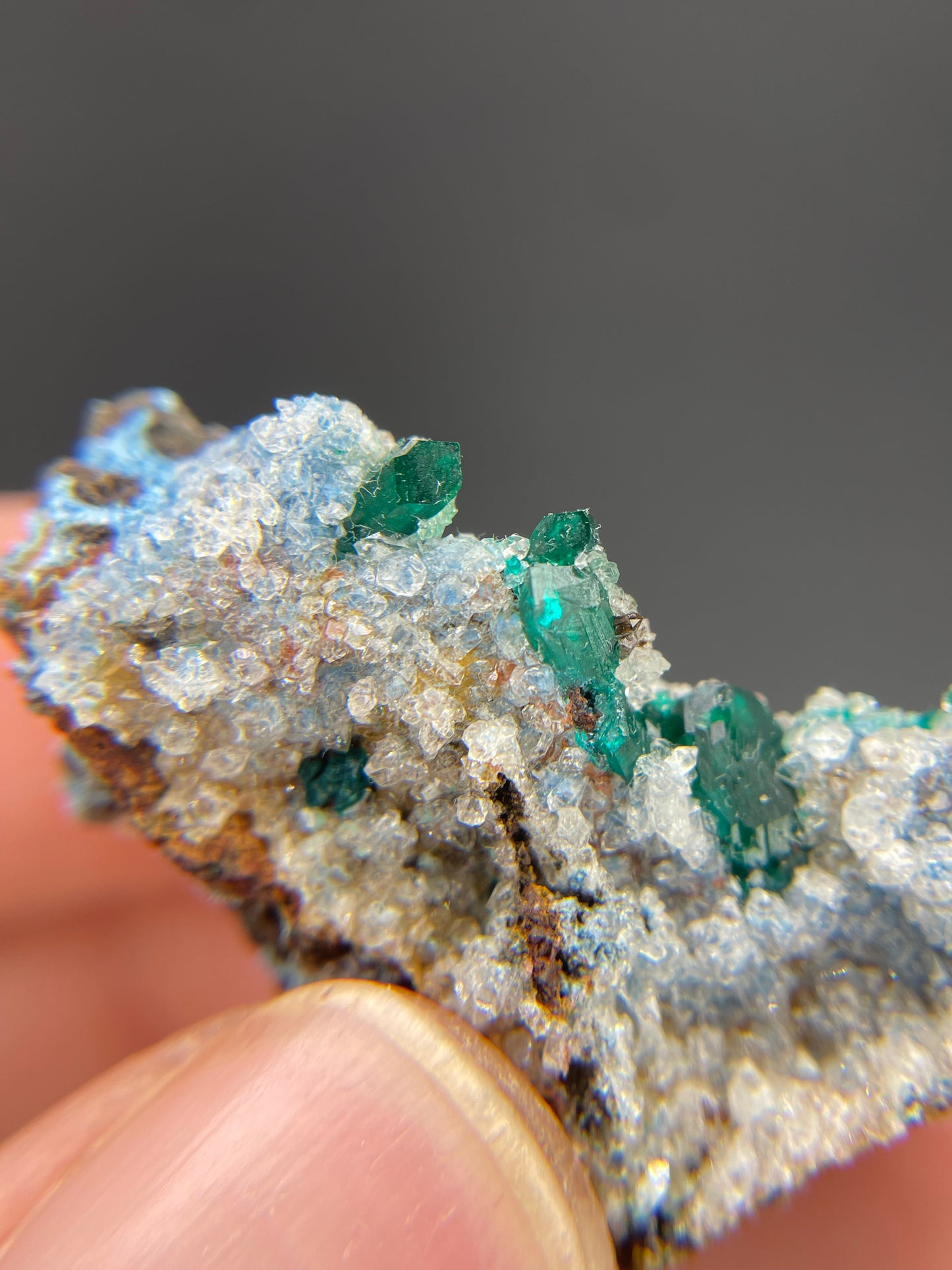 Dioptase on Plancheite in Quartz, Sanda Hills, Republic of Congo