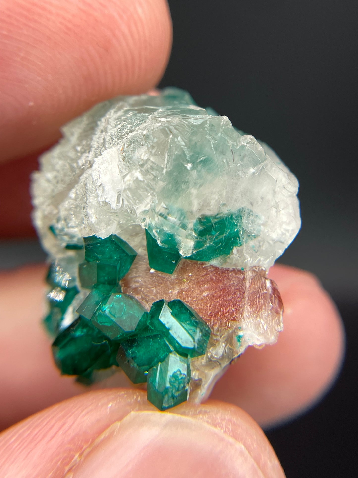 Dioptase in and on Calcite from Kaokoveld Plateau, Kunene, Namibia