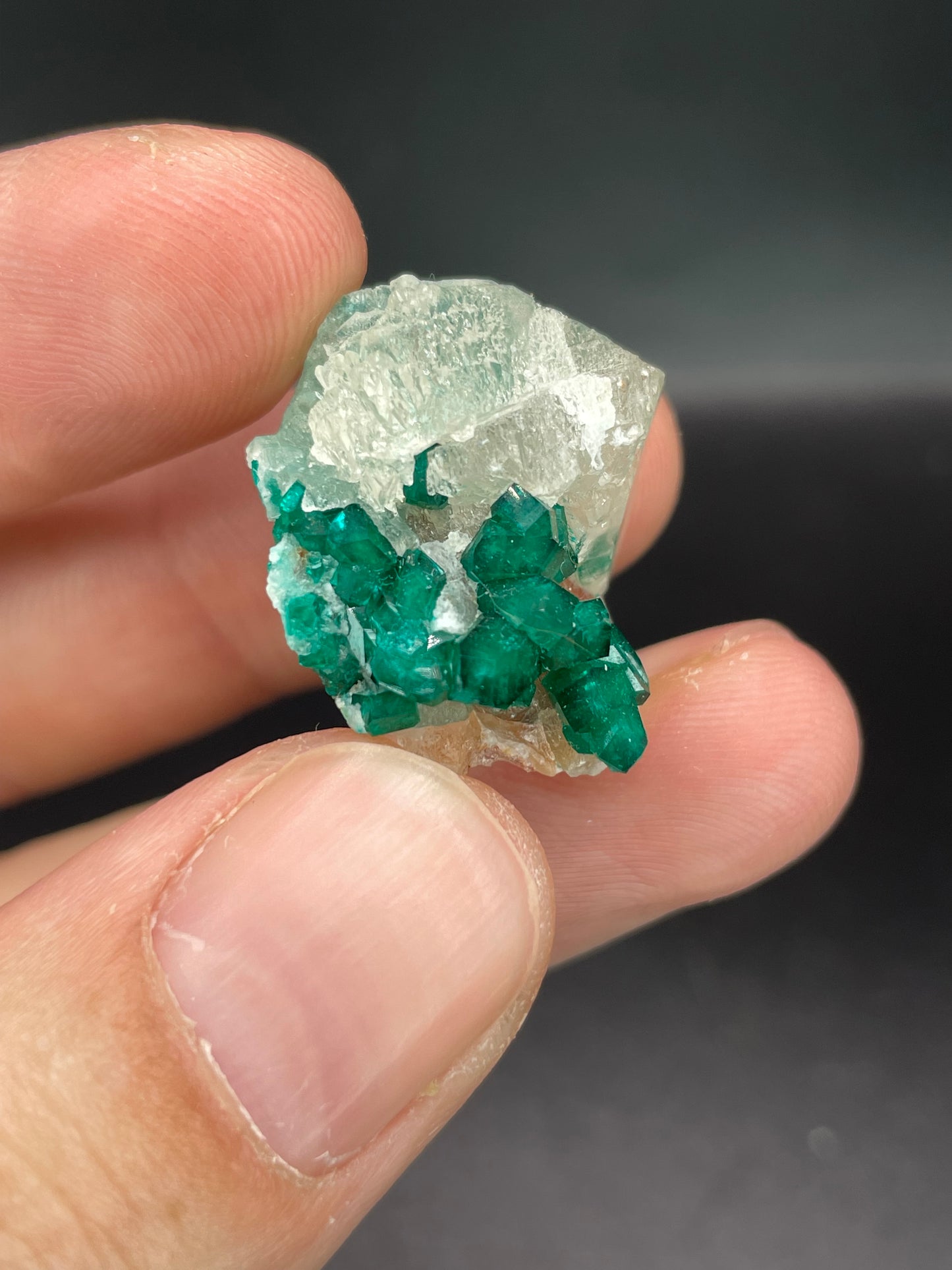 Dioptase in and on Calcite from Kaokoveld Plateau, Kunene, Namibia