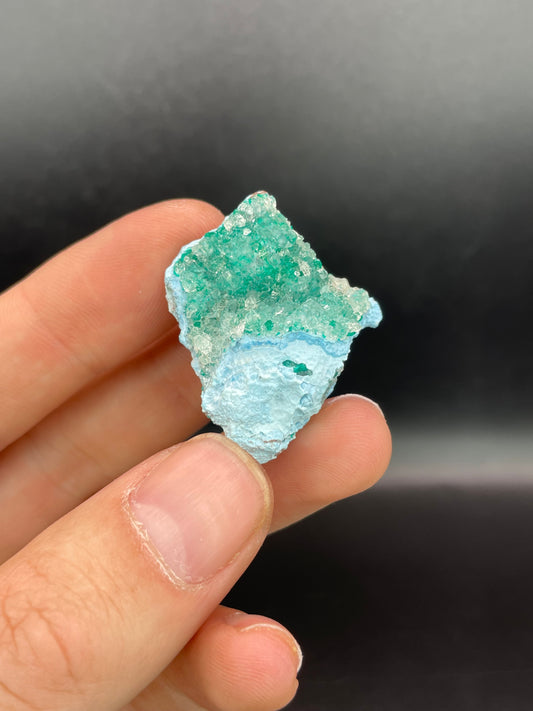 Dioptase in Quartz on Plancheite, Sanda Hills, Mindouli, Republic of Congo