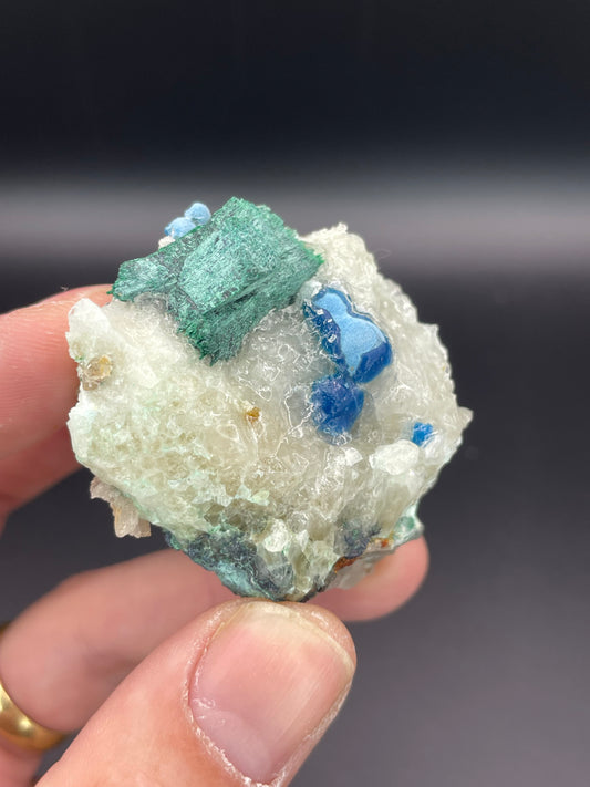 Shattuckite and Malachite on calcite, Kunene Region, Namibia