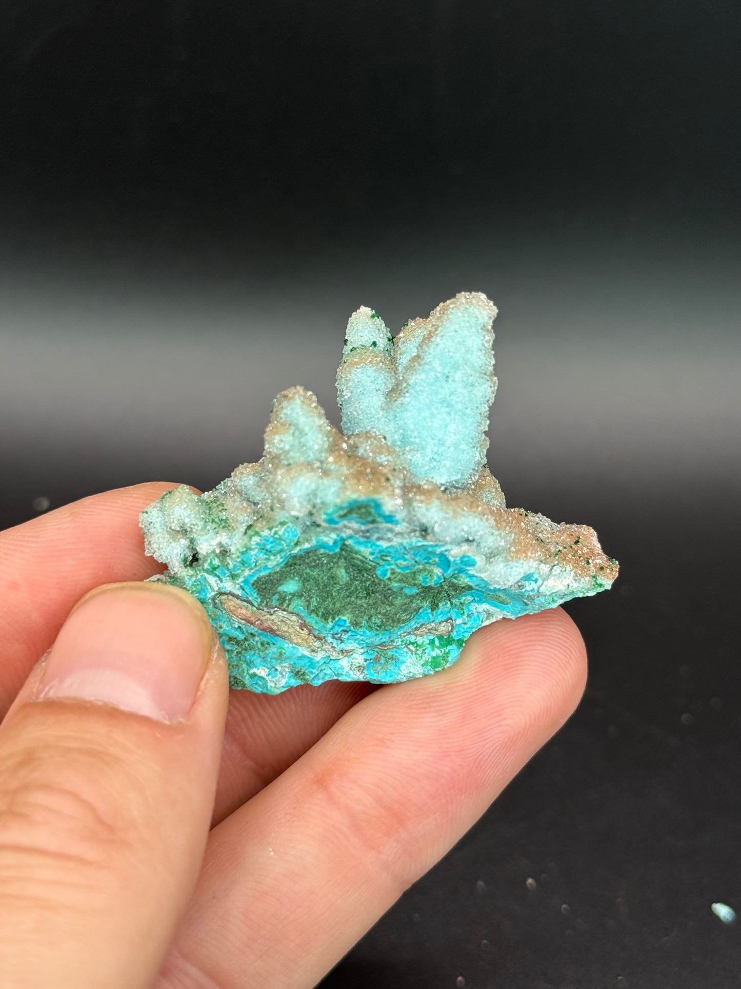 Quartz and Malachite on Chrysocolla Pseudomorph after Baryte, Lupoto Mine, Kakumba, Kipushi Territory, Haut-Katanga, DR Congo