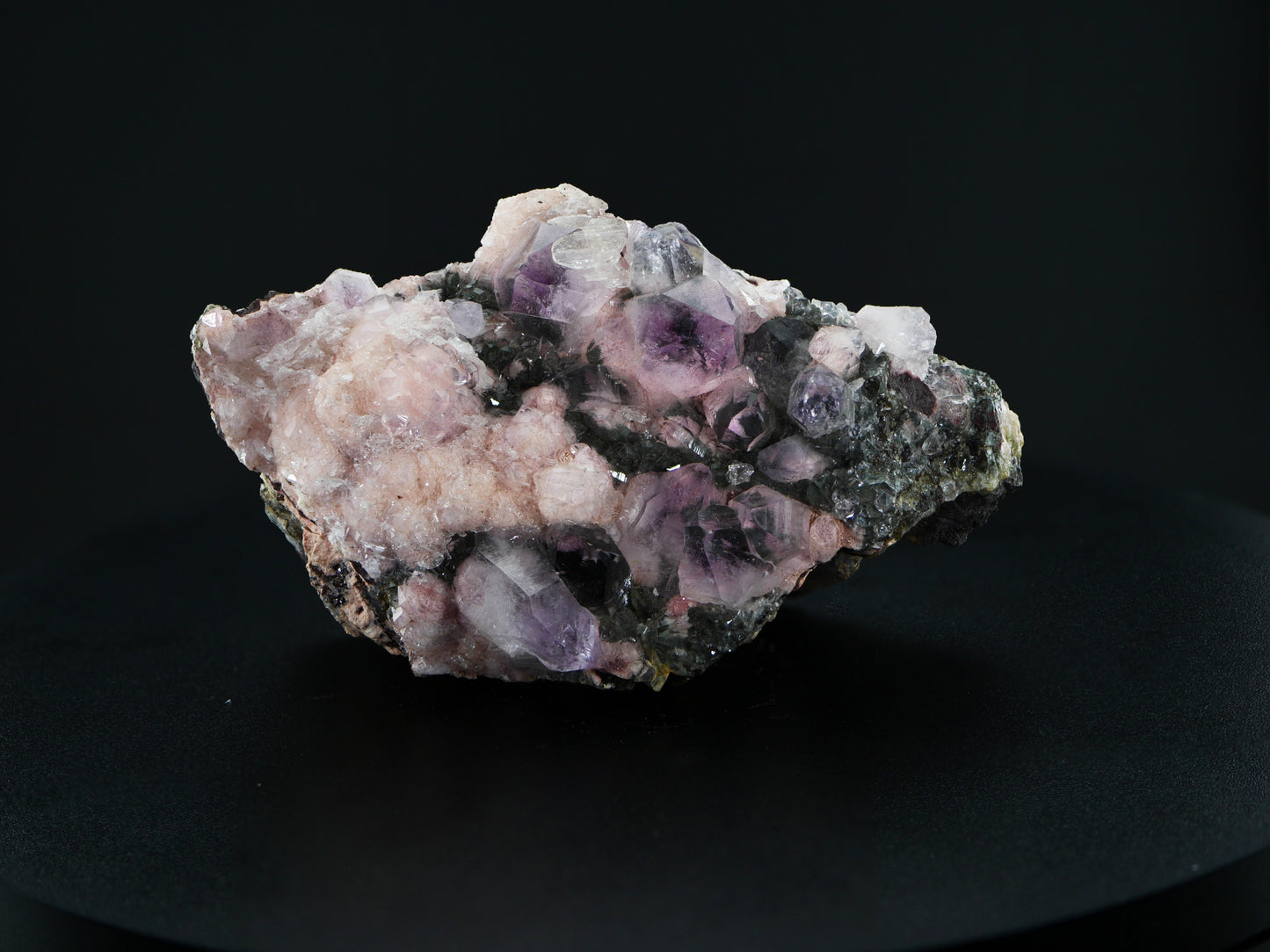 Rhodochrosite with Amethyst, Remedios Mine, Taxco de Alarcón, Guerrero, Mexico
